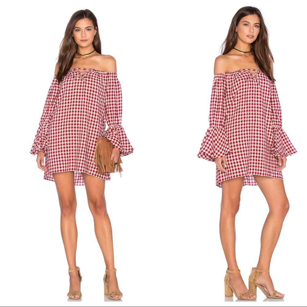 REVOLVE Capulet Red Gingham Off Shoulder Dress